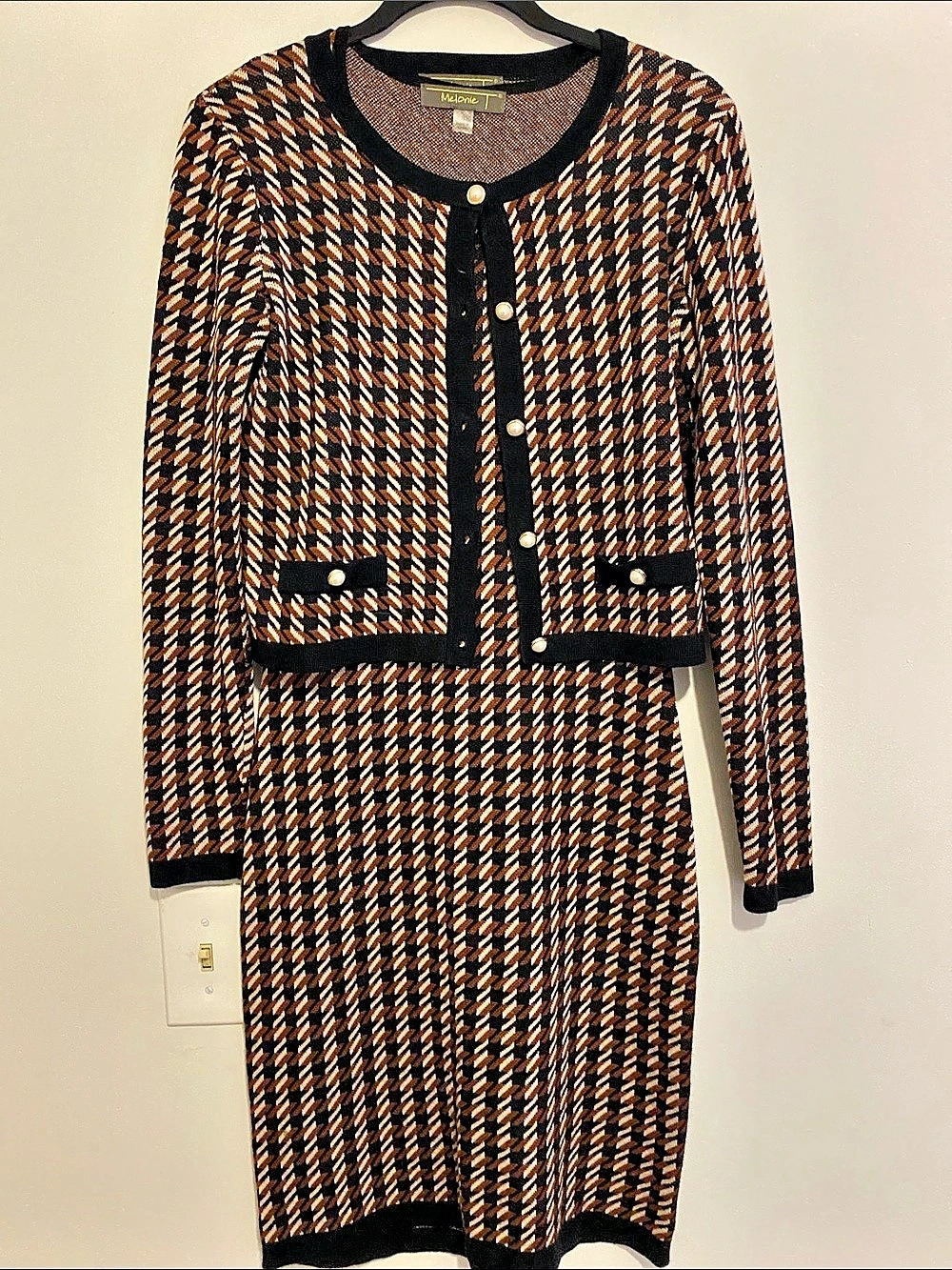 Melonie T Geometric Midi Dress Set in Black & Brown Like New
